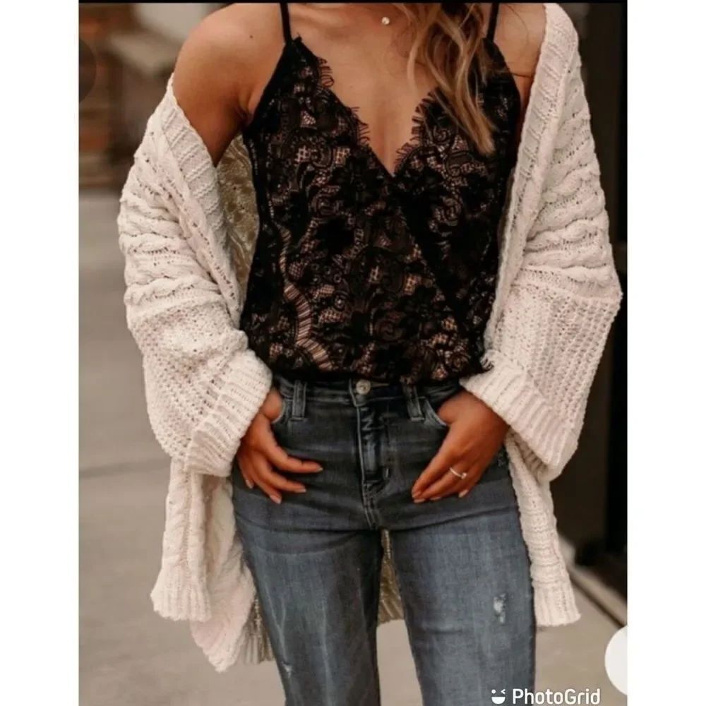 Sugar + Lips Black Faux Wrap Lace Sleeveless Bodysuit